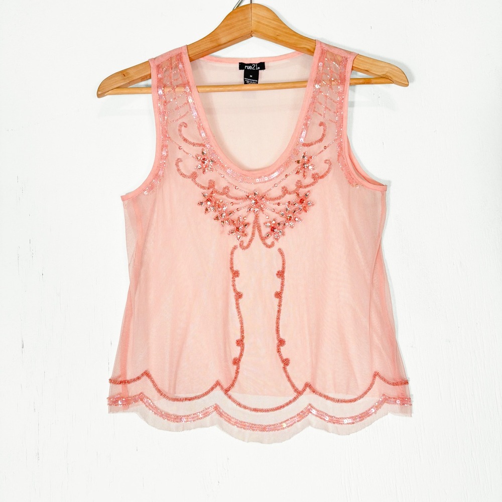 Peach Pink Sheer Mesh Beaded Sequin Scalloped Tank Top Womens M Rue21 Boho Glam